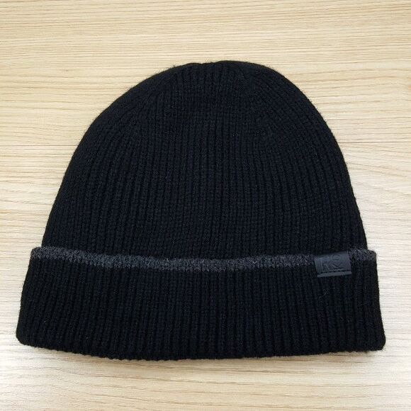 KENNETH COLE REACTION Mens Beanie Hat Black Ribbed Fold Over Sherpa Lined Logo - Picture 1 of 4